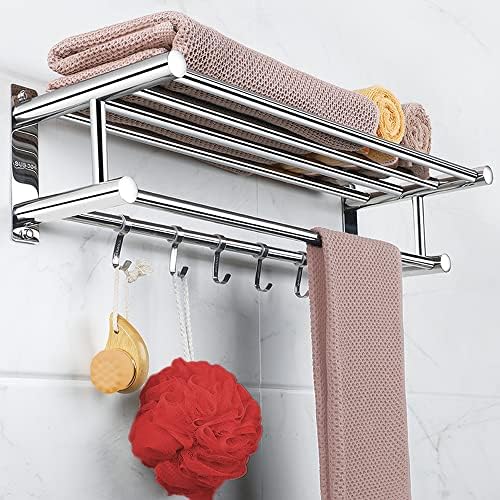 Prateleiras de toalhas de banheiro leluxe - SUS304 Soxenless Aço Rust à prova de enfermagem com barra de toalhas duplas e 5 ganchos,