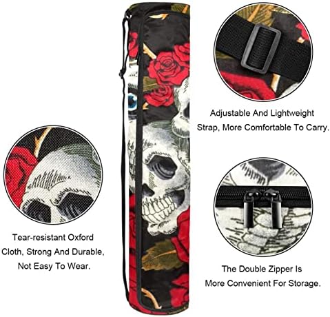 Ratgdn Yoga Mat Bag, Skulls Rosas vermelhas Exercício de ioga transportadora de tapete de ioga full-zip