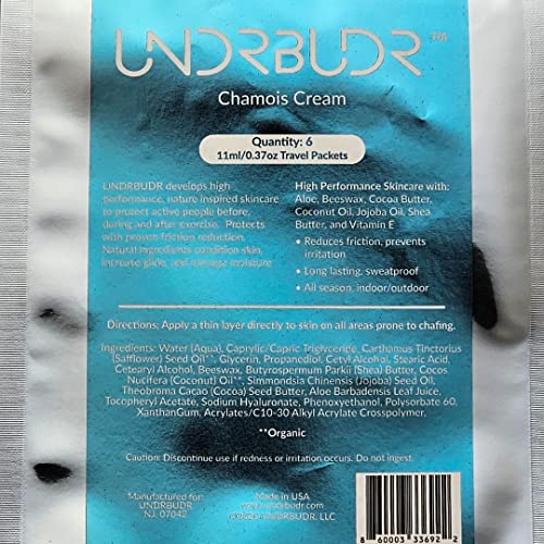 Creme de camurça undrbudr, anti-chafe, ultra baixo atrito, naturalmente enriquecido, 6 pacotes de viagem