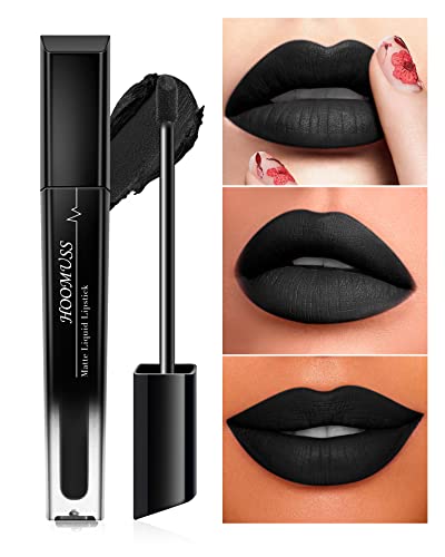 Hoomuss Black Lipstick Matte, batom líquido preto gótico para Halloween, batom de duradouro e smudge para mulheres,