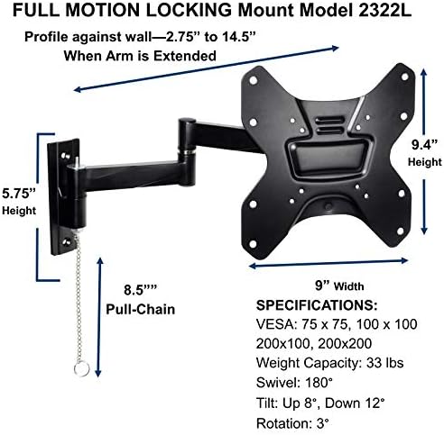 Montagens mestre 2322L-2 Travel portátil RV TV Montagem de articulação Articulador permite que 1 TV seja usado em 2 locais, mantém a TV segura em veículos em movimento até 50 e 200x200