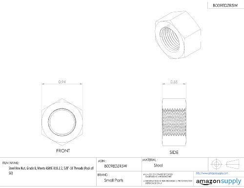 Porca hexalma de aço, acabamento simples, grau 8, ASME B18.2.2, tamanho da linha de 5/8 -18, 15/16 largura nos apartamentos, 35/64 de espessura