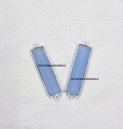 2 pcs. Retângulo de calcedônia azul -céu 34x8 mm prata banhada de dupla fiança de fiança do conector de charme do moldura