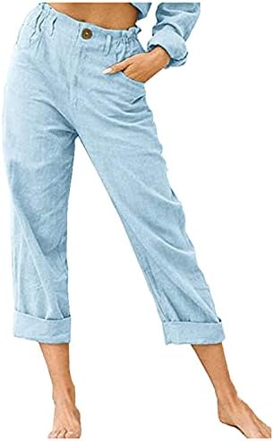 Linho Cropped Fit Fit Cotton Capris Capri Pants Casual Mulheres Casual Capris Capris Cantura elástica Verão