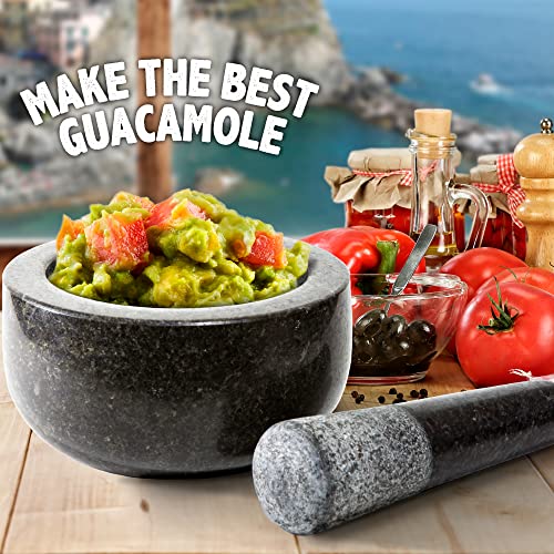Conjunto de argamassa grande e pilão pesada, esculpida à mão em granito natural, fabrica guacamole fresca, salsa,
