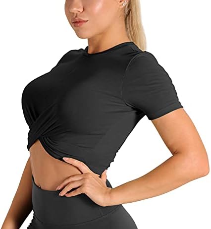 Tops de treino de gelo para mulheres, torcer as mangas curtas atléticas de ioga dianteira, camisetas de ginástica, camiseta