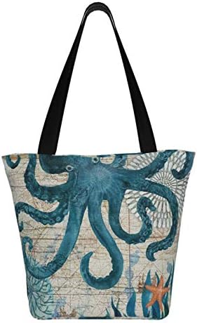 Ocean Animal Octopus Canvas Bag para mulheres, bolsa de supermercado reutilizável, sacolas fofas, sacola de algodão impressa,