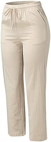 Calças de linho de algodão casual de Wocachi para mulheres elásticas de cor sólida Elastic com pernas retas e lisadas calças confortáveis ​​com bolsos