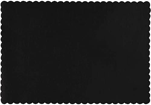 Placemats de papel de 100 pacotes - Placemats descartáveis ​​em massa pretos, tapetes de mesa coloridos com borda recortada ondulada, suprimentos de festa de aniversário, graduação, decoração de festa preta, 14 x 10 polegadas