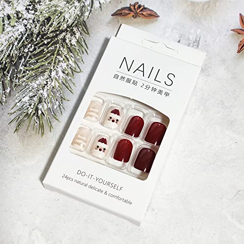 24pcs prensar de Natal em unhas curtas com árvore de Natal Papai Noel Designs capa completa natal quadrado curto unhas