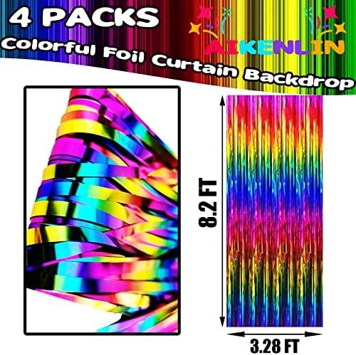Pacote de 4 3,2 pés x 8,2 pés de arco -íris Fringe Cortina cenário, colorido Metallic Tinsel Finger Fringe Fringes