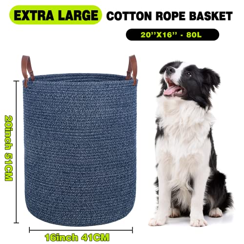 Twira extra grande de 20x16 polegadas cesto de corda de algodão, cesta de mantas de roupa de bebê com manipulação de couro de cesta