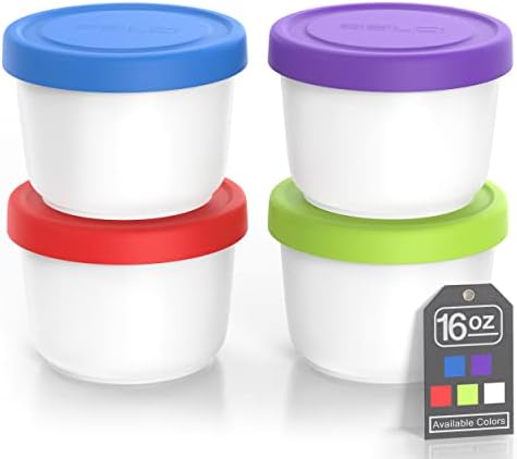 Balci - Recipientes de sorvete de 16 onças com tampas de silicone - 1 litro cada recipiente de armazenamento de alimentos congeladores, reutilizável, à prova de vazamentos, para recipientes caseiros de sorvete - azul, vermelho, verde, roxo