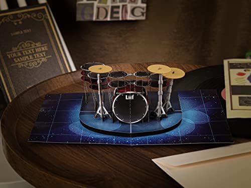 Liif Performance Drum Kid 3D Greeting Pop -up Card, cartão de aniversário para músico, presentes de baterista para homens, banda de rock, graduação em música, presente de professora de música | Com nota de mensagem e envelope | Tamanho grande 8 x 6 polegadas