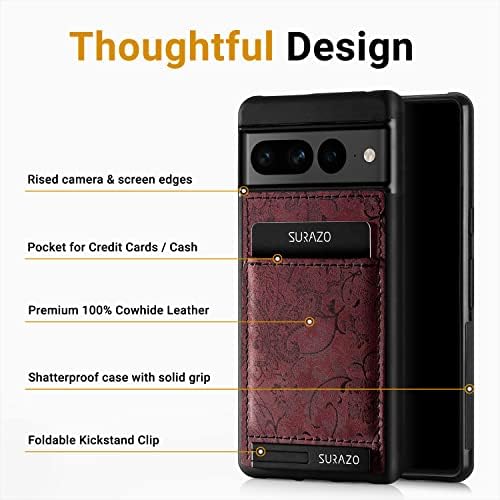 SURAZO Google Pixel 7 Pro Case Wallet Leather Genuine Premium - Tampa esbelta e fina à prova de choque com - CARTO CARTO, Kickstand