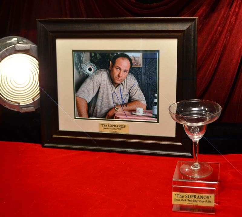 Sopranos Prop Bada Bing Glass assinou James Gandolfini Autograph, Frame, todos os 86 episódios Blu Ray DVDs, CoA, UACC