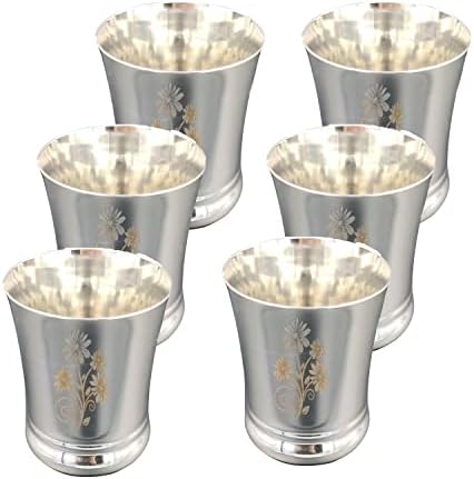 Conjunto de vidro de aço inoxidável sharvgun de 6 - copos de aço de aço bebendo copos de água para chá -lassi de café com leite conjunto de vidro, espelho premium acabamento de vidro prateado