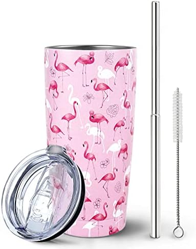 Mosco de flamingo rosa com tampa e palha, presentes de flamingo para mulheres amantes de flamingo, aquarela flamingo copo de garrafa de água caneca de café em aço inoxidável aço de aço isolada de aço de aço 20 onças