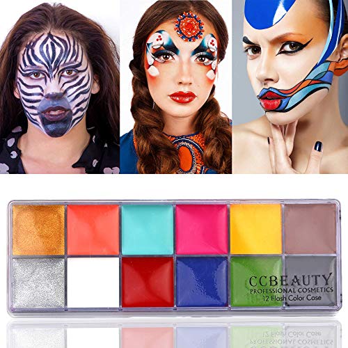 Óleo de tinta facial ccbeauty 12 cores com 6 pincéis de madeira com kit de maquiagem incluem cera de cicatriz com espátula,
