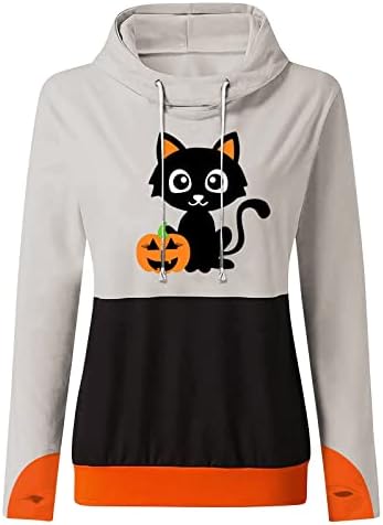 Blusas de Halloween Zefotim para mulheres, Moda Casual Feminina 2022 Halloween Impressão de manga longa Pullover O-pescoço com capuz