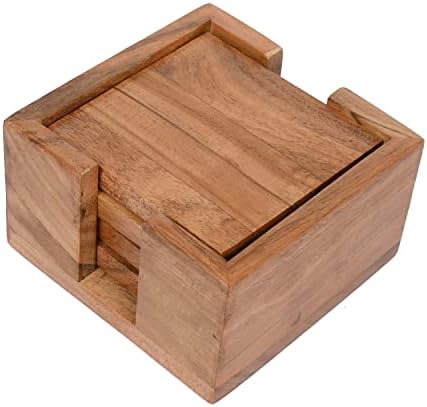 Edhas Acacia Wood Square Modelo Coasters com suporte de suporte de 4 para mesa de madeira, proteção de mesa, adequada para tipos