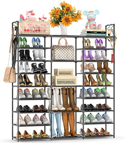 Fi9 Níveis de calçados Organizador de sapatos, rack de sapatos para entrada, armazenamento grande de sapatos para sapatos e botas de 50 a 55 pares, prateleira de sapato não tecida com ganchos versáteis e martelo de madeira para quarto