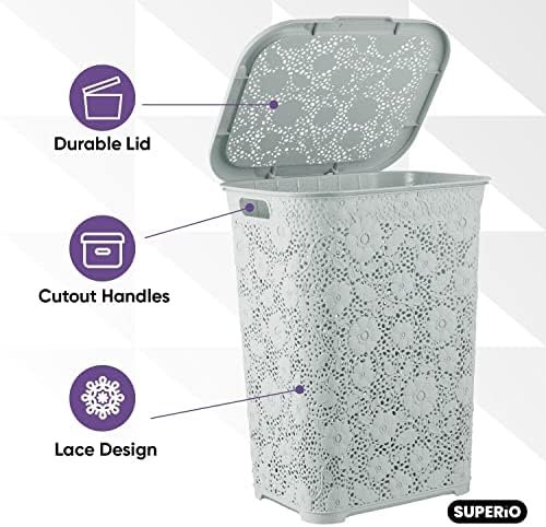 Superio Laundry Tester com design de tampa Design de 50 litros - cesto de cesto de lavanderia de fumaça branca com alças
