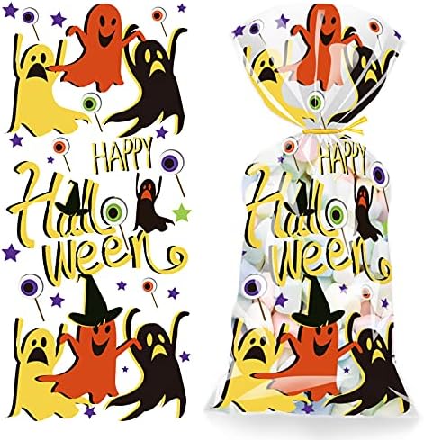 RF Reenfaya 120 PCs Hallophane Sacos de tratamento transparente de truque ou tratamento de sacolas de doces de bolsas de biscoito com laços de saco de halloween bolsas de festas apresentam sacos para festas de festas de halloween suprimentos 4 desenhos 4 projetos