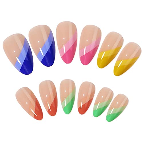 Enppode 24pcs acrílico presa em unhas médias, unhas falsas de amlond para mulheres, unhas falsas artificiais coloridas pregos