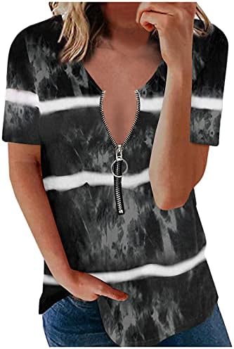 NYYBW CHAMISTAS femininas estampas casuais Blusa de túnica curta Túnica Vshirts de zíper de baixo corte sexy com zíper de grande