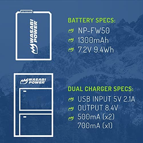 Wasabi Power NP-FW50 Bateria e Micro USB Carregador duplo para Sony ZV-E10, Alpha A5100, A6000, A6300, A6400, A6500,