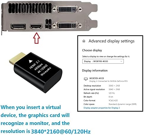 Woieyeks 4K 120HZ HDMI 2.1 Plugue fictício, emulador de exibição virtual, suporte do adaptador de exibição de fantasmas