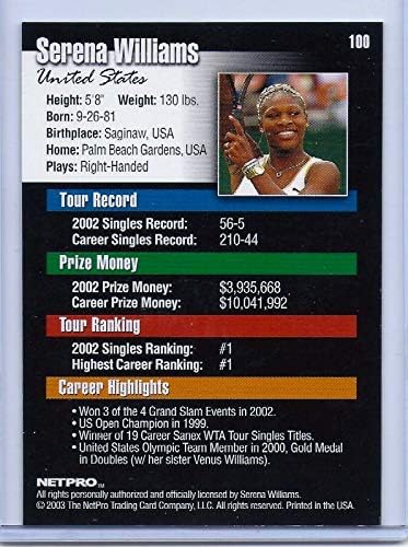 Raro Serena Williams Estados Unidos 2003 NetPro 1º CARTO ROOKIE ENICADO 100!