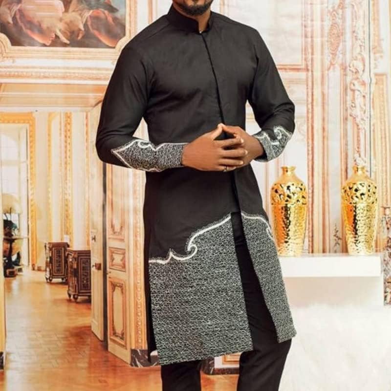Camisa Africana Estilo étnico Men lazer Conjunto 2 Conjunto de top e de cor sólida de calça de cor sólida