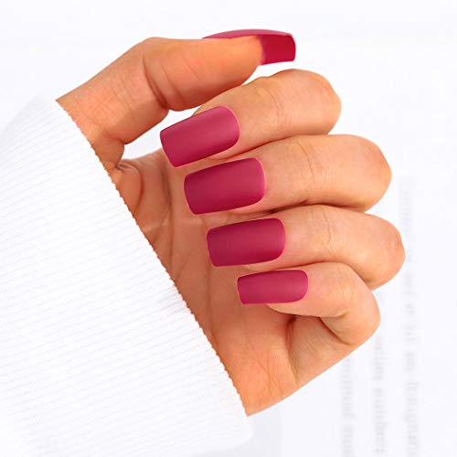 Aiooe vermelho fosco em gel falso unhas de caixão quadrado médio unhas de capa completa pregos de bailarina fosca na unhas acrílico de moda natural unhas falsas para mulheres e meninas