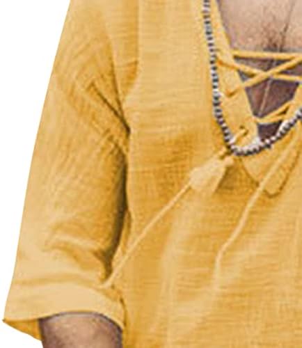 Maiyifu-gj masculino de linho de algodão casual com moda de moda com manga curta Camisas de praia V camiseta hippie pescoço