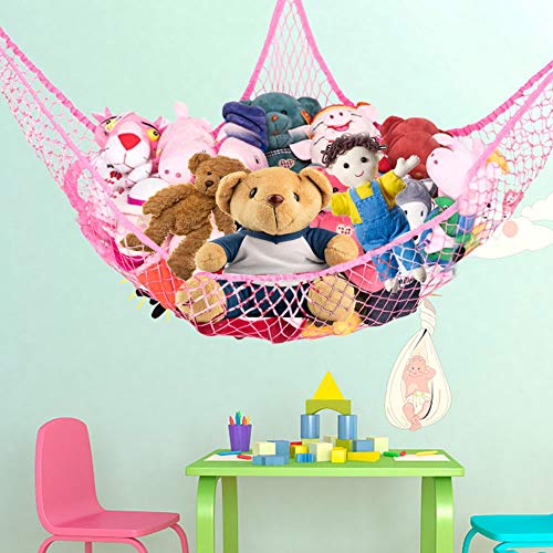 Toy Storage Hammock líquido Sling Sling Sling Corner Mesh Redes de armazenamento de organizações de animais recheado Melhor para manter os quartos limpos para crianças brinquedos de brinquedos é durável e fácil de instalar rosa