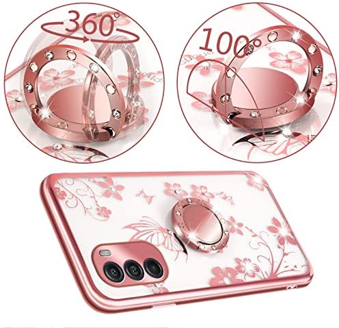 Nancheng for Moto G Stylus 5G 2022 Caixa de telefone, estojo para Motorola G Stylus 2022 5G TPU Slim fofo para meninas Mulheres Cobertão de flores rosa com anel Caixa de proteção à prova de choque - Rose Butterfly