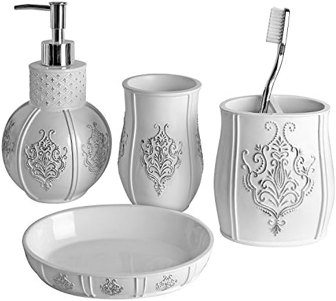 Aromas criativos Conjunto de acessórios de banheiro branco vintage - Conjunto de banheiro decorativo de 4 peças - Conjunto