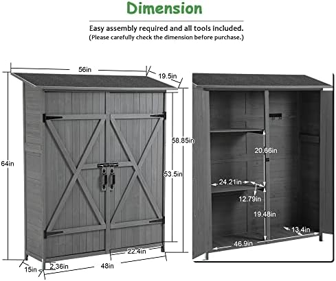 Armário de armazenamento ao ar livre em EMKK 64 com portas duplas, galpão de armazenamento vertical travável com 3 prateleiras Organizador, armário de ferramentas de madeira à prova d'água com prateleiras destacáveis ​​e teto para o jardim, pátio