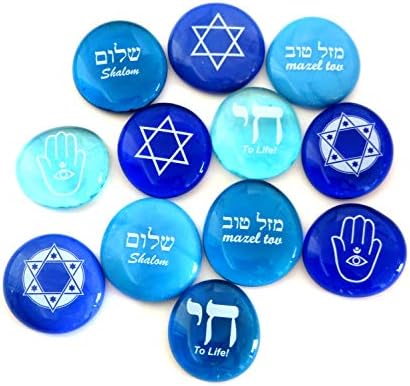 Judaica Glass Stones: Chai, estrela de David, Hamsa, Mazel Tov e Shalom em tons de azul, conjunto de doze, por vidro Lifeforce