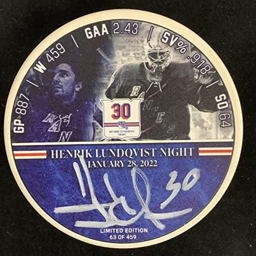 Henrik Lundqvist assinou o jogo de aposentadoria Puck 1/28/22 MSG Rangers Le Fanatics B - Pucks autografados da NHL