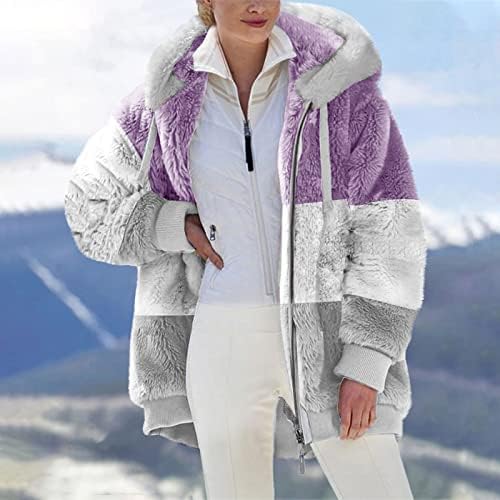 Casaco de inverno plus size para feminino Faux Fleece forrado jaquetas com capuz Fashion Colorblock Stripe Zipper Cardigan