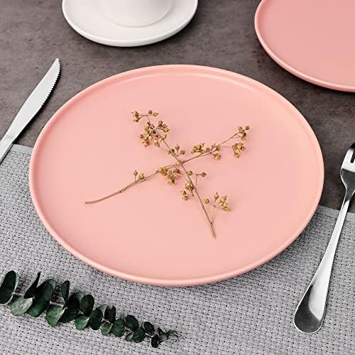 Placas de jantar de cerâmica de JukfitA, pratos de salada de esmalte fosco de 10 polegadas, conjunto de pratos de piquetes de estupecedores de porcelana, lava -louças resistentes ao forno de cozinha Microondas Seguro, conjunto de 3 rosa