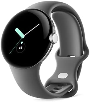 Google Pixel Watch - Android SmartWatch com rastreamento de atividades Fitbit - Rastreamento de freqüência cardíaca Ratesse estojo de aço inoxidável de prata polido com banda ativa de carvão - wifi
