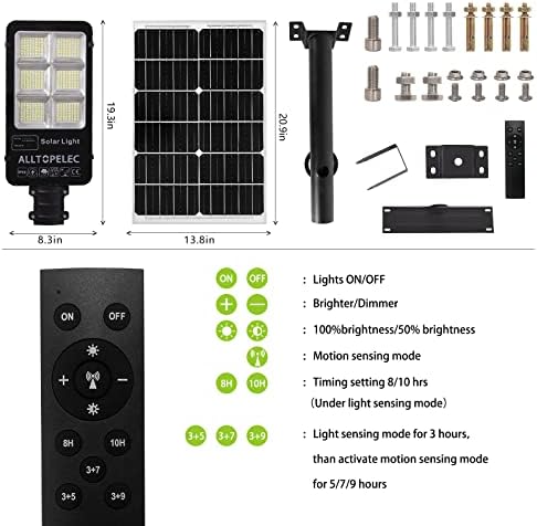 300W Solar Street Flood Light Outdoor Lamp, Sensor de movimento Dusk para Dawn Monocristalino Painel de Silício Luzes LED