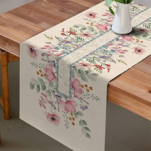 Seliem Spring Anemone Flower Eucalyptus mesa de mesa, planta aquarela deixa decoração de cozinha em casa floral de flores silvestres rosa, suprimento de decoração de estopa de serapilheira sazonal de verão, abastecimento de decoração de restauração 13x36