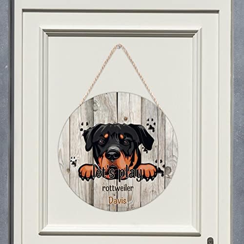 BEDELOVELOVE SILHO DE BEM -VINDO PARA WALL Let's Tocar Round Wooden Sinais de Rottweiler Pata Pata Praw Pet Animal 16in Personalizado Great Great Gream personalizado para sala de estar Decoração da casa de cozinha Decoração de cozinha