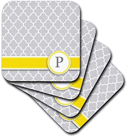 3drose o seu nome pessoal letra inicial P - Monograma Grey Quatrefoil Padrão - Cinza amarelo personalizado - Coasters macios, conjunto de 8