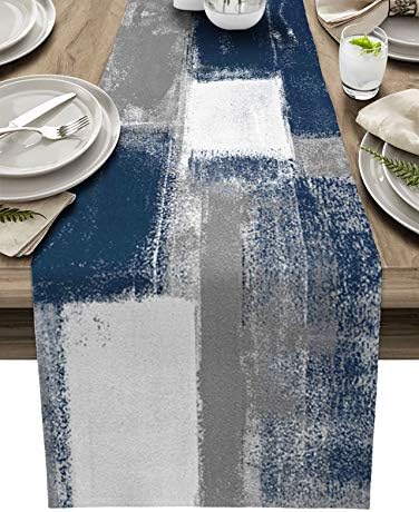 Corredores de mesa 70 polegadas de longa pintura a óleo Art Azul, corredores de mesa de fazenda não deslizantes, toalha de mesa de seca para jantar em família, festas internas externas, ação de graças, Natal e reunião, geométrica cinza abstrata